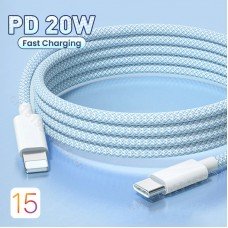 Cablu de date si incarcare USB C to Lightning, 20W PD Fast Charging, protectie textila, 1m lungime, albastru, compatibil Iphone